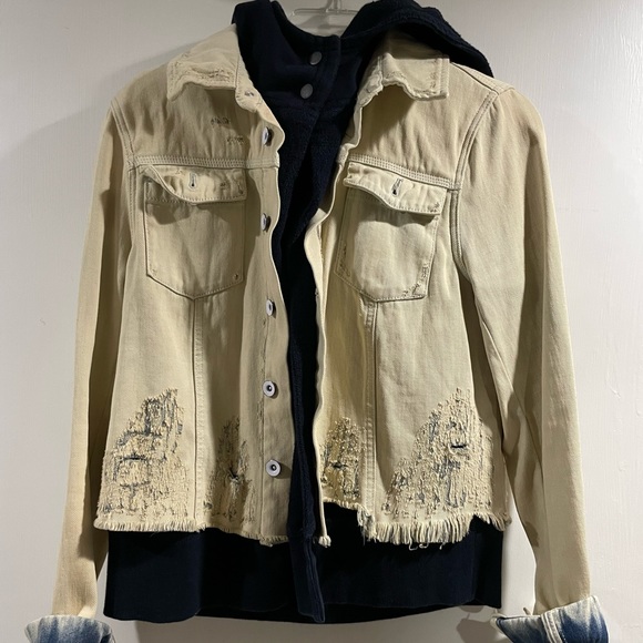 Free People Distressed Denim Sweatshirt Jacket Hood - Picture 4 of 8